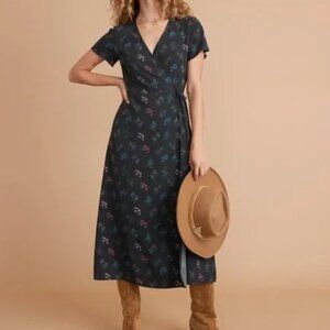 Marine Layer Emlyn Midi Wrap Dress Black India Floral Wrap Dress short sleeve M